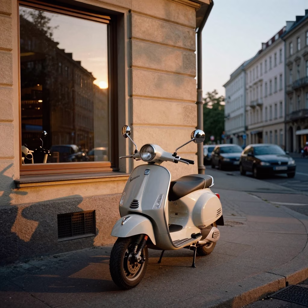Sunset street scene in Berlin Germany with vintage Vespa and historic architecture in in Berlin, Germany