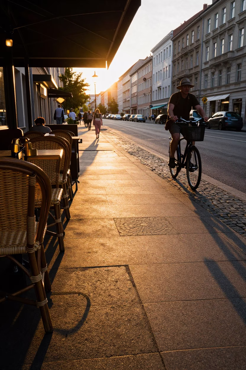 Sunset Street Scene in Berlin Germany with Wicker Shadow and Brass Details in in Berlin, Germany