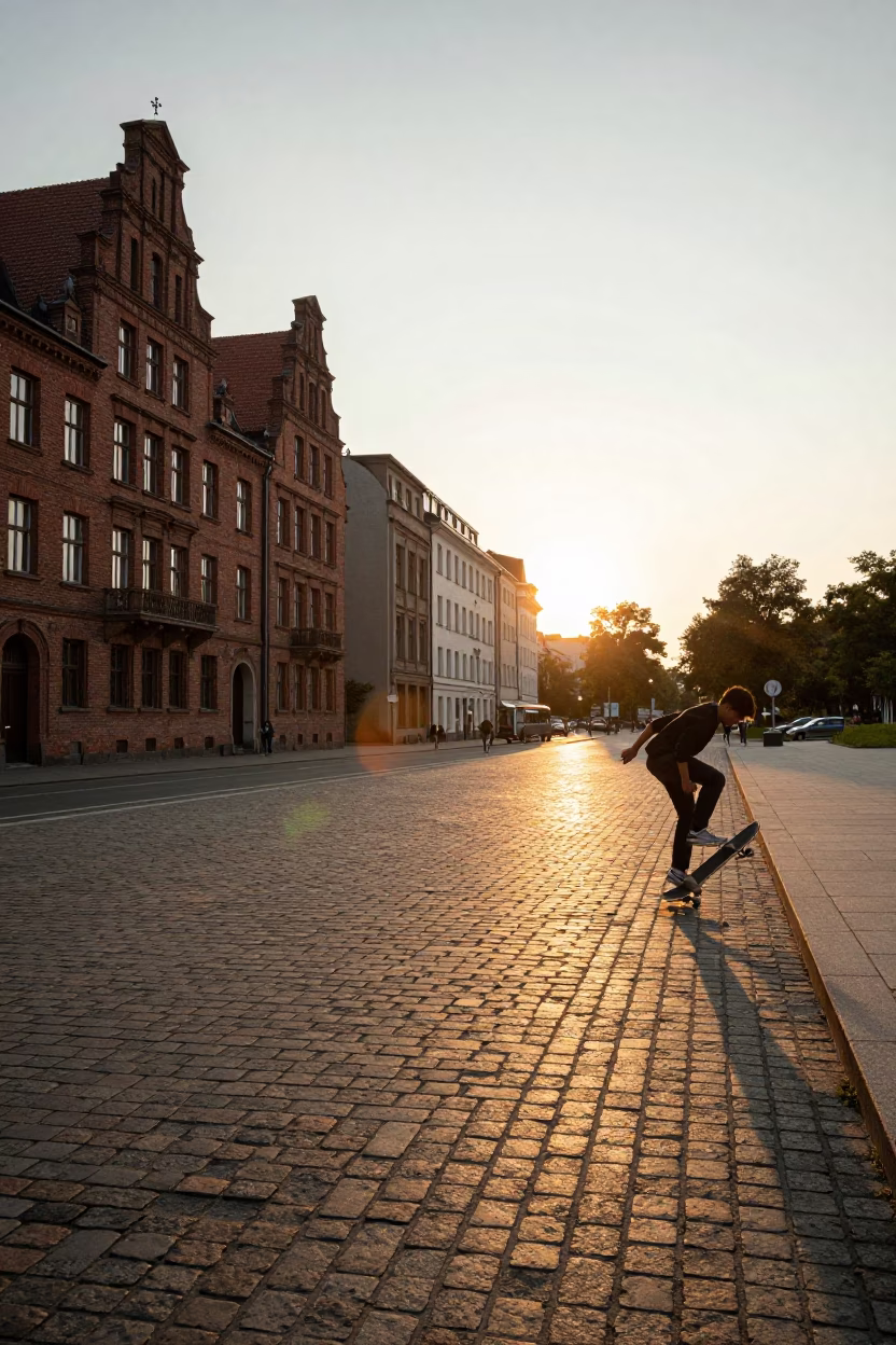 Sunset Street Scene in Berlin with Skateboarder and Urban Architecture in in Berlin, Germany