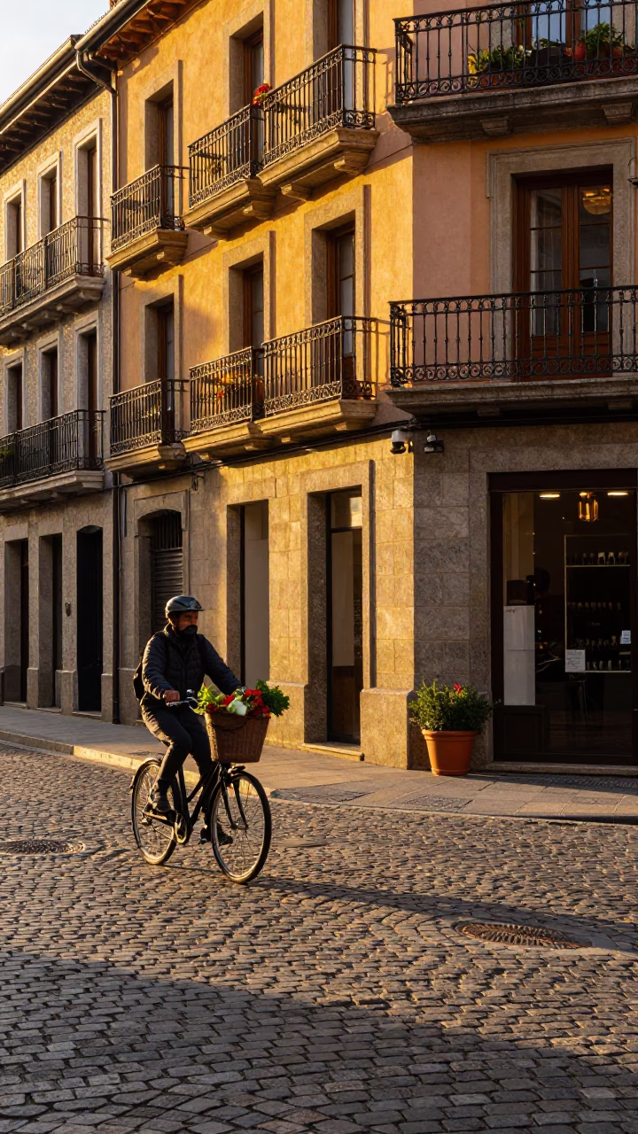 Sunset Street Scene in Bilbao Spain with Bicycle Basket and Flowerpot in in Bilbao, Spain