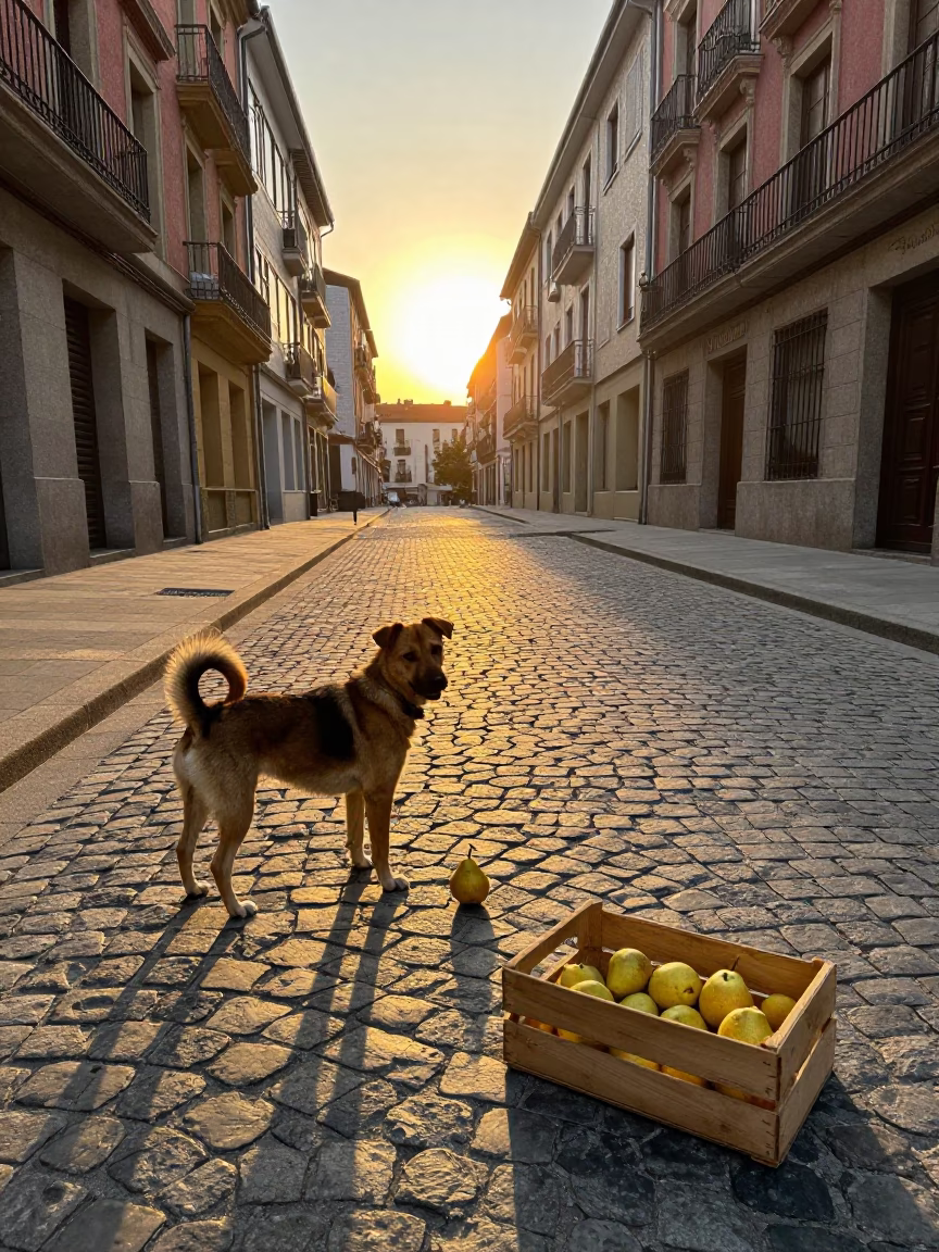 Sunset Street Scene in Bilbao Spain with Dog and Pears in in Bilbao, Spain