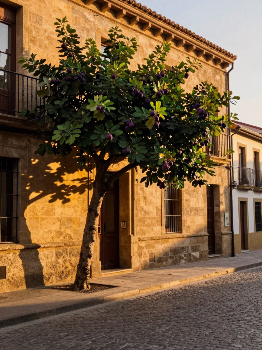 Sunset Street Scene in Bilbao Spain with Fig Tree and Local Interaction in in Bilbao, Spain