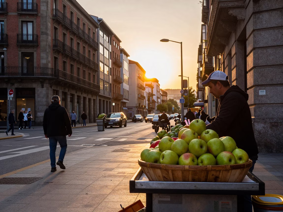 Sunset Street Scene in Bilbao Spain with Fruit Stall and Rolling Carts in in Bilbao, Spain