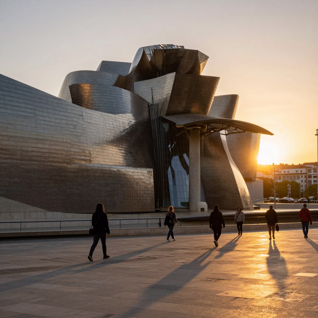 Sunset street scene in Bilbao Spain with Guggenheim Museum and urban life in in Bilbao, Spain