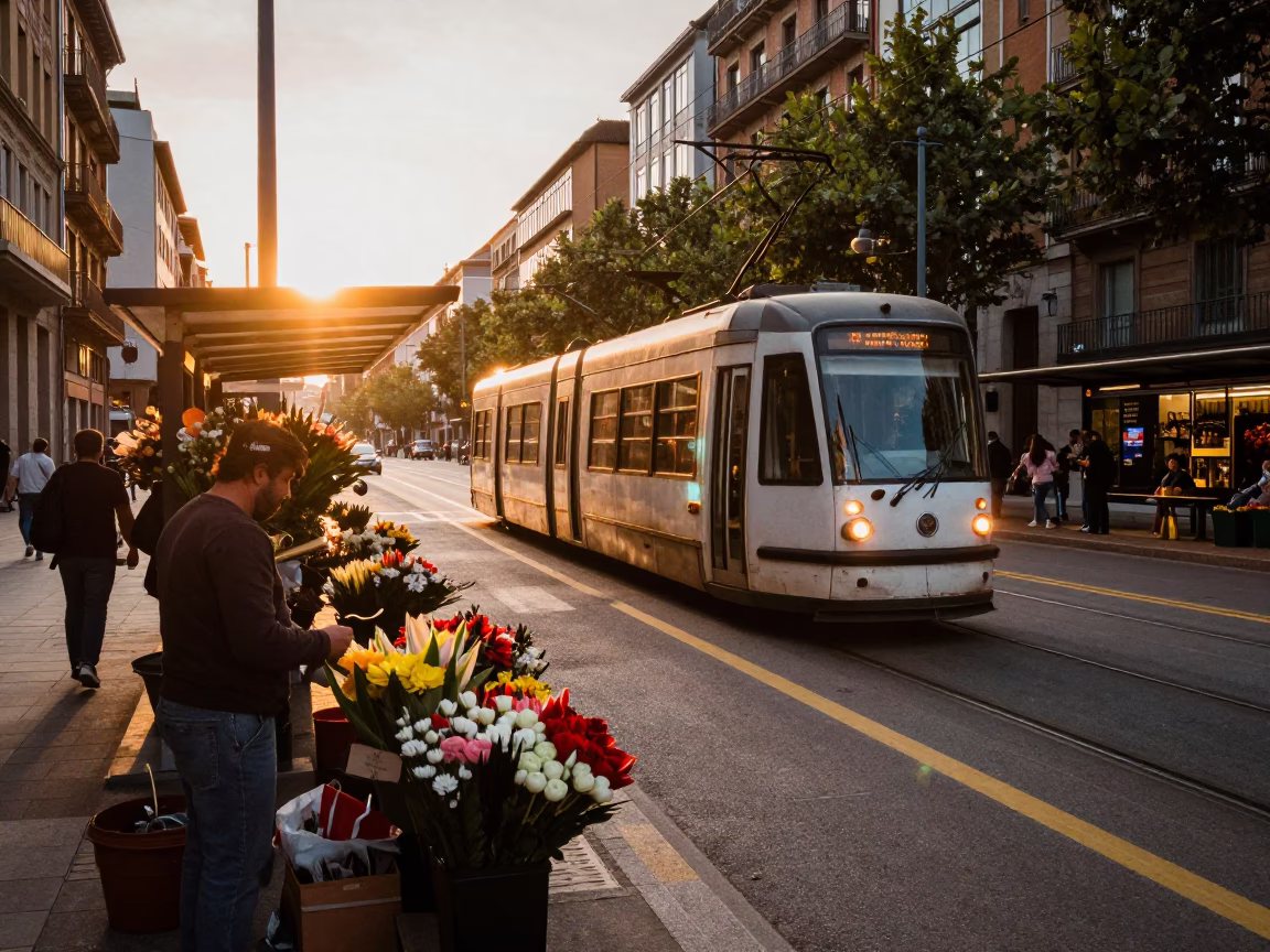 Sunset Street Scene in Bilbao Spain with Tram Flower Market Stop and Embroidery Hoop in in Bilbao, Spain