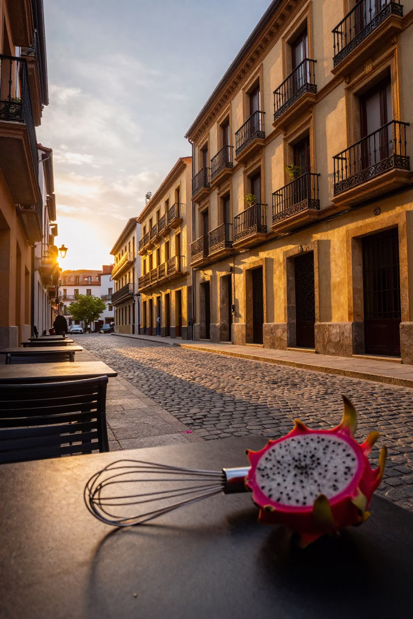 Sunset Street Scene in Bilbao Spain with Whisks and Dragon Fruit on Cafe Table in in Bilbao, Spain