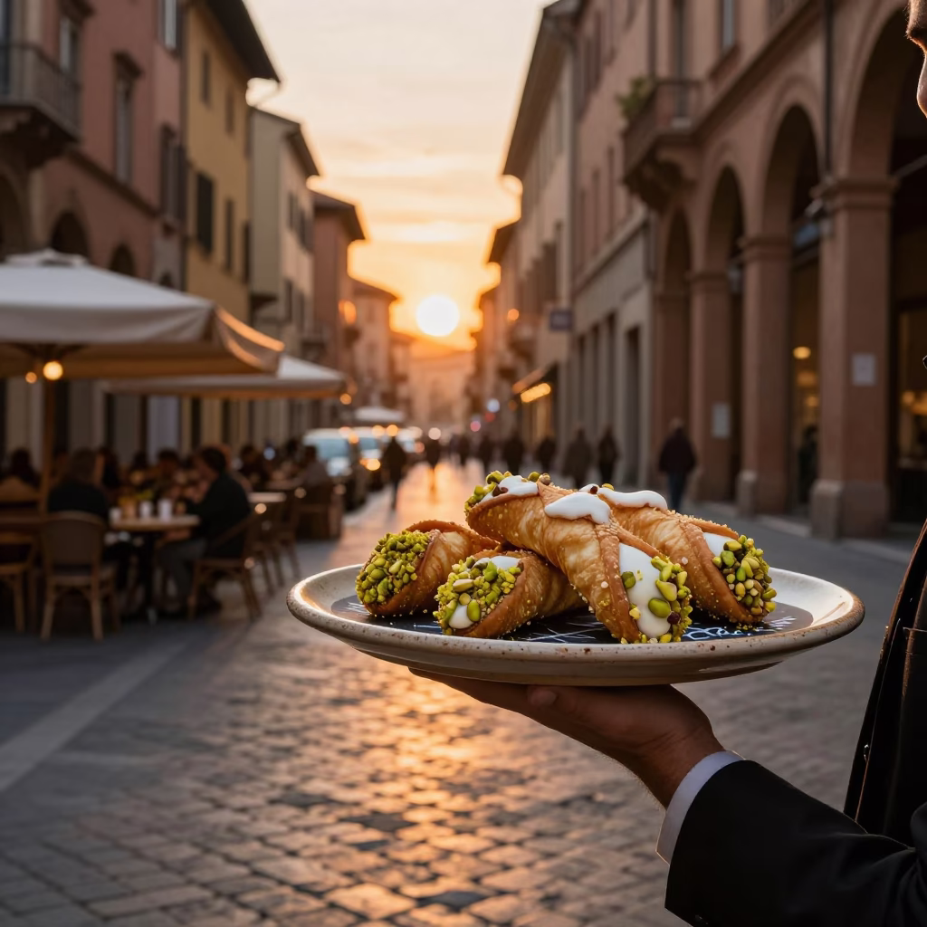 Sunset Street Scene in Bologna Italy with Cannoli and Chalk Tray in in Bologna, Italy
