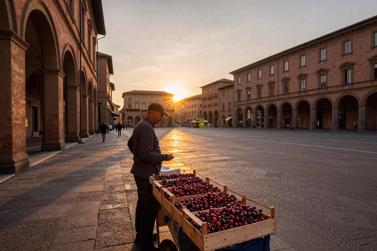 Sunset street scene in Bologna Italy with cherry vendor and historic architecture in in Bologna, Italy