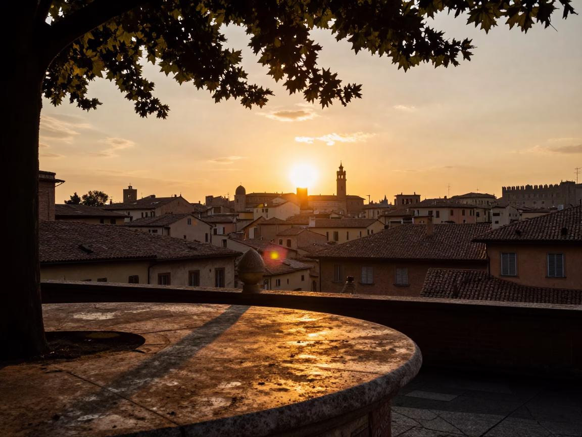 Sunset Street Scene in Bologna Italy with Leaf Shadows and Heritage Architecture in in Bologna, Italy