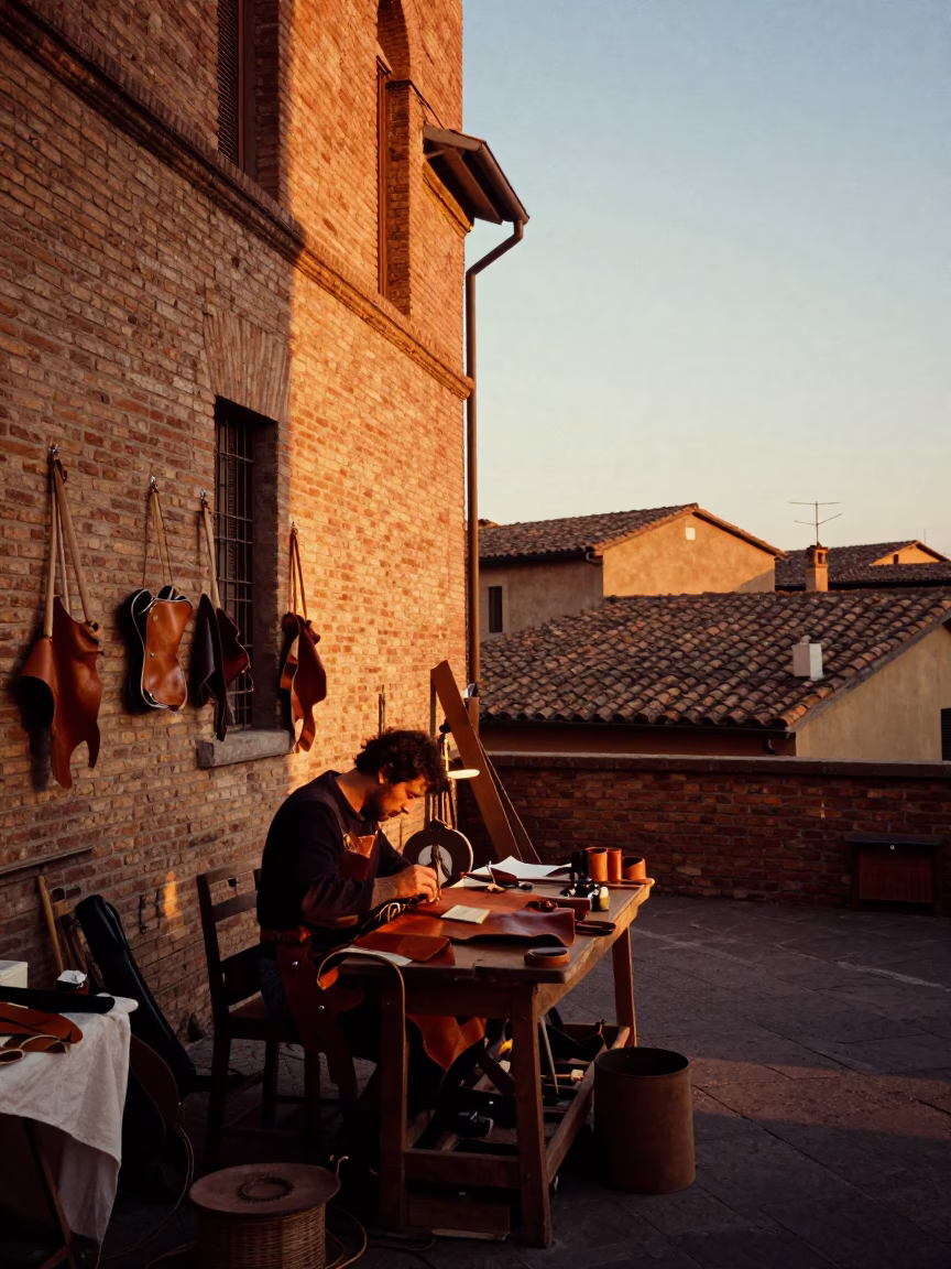 Sunset street scene in Bologna Italy with leather worker and traditional tools in in Bologna, Italy