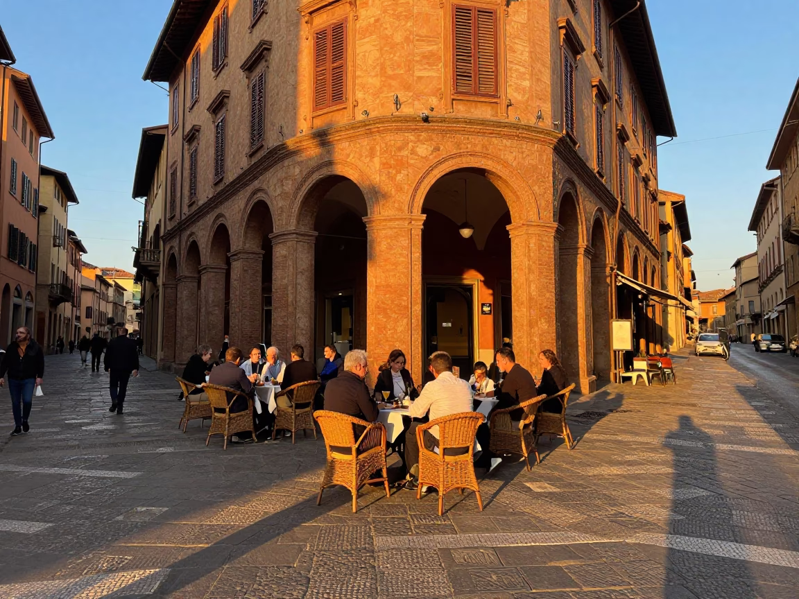 Sunset street scene in Bologna Italy with locals dining and wicker basket on cobblestone in in Bologna, Italy
