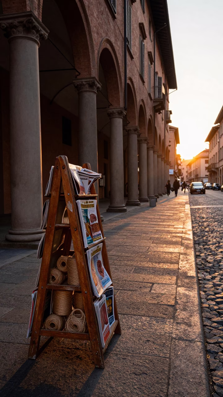 Sunset Street Scene in Bologna Italy with Magazine Rack and Twine Details in in Bologna, Italy