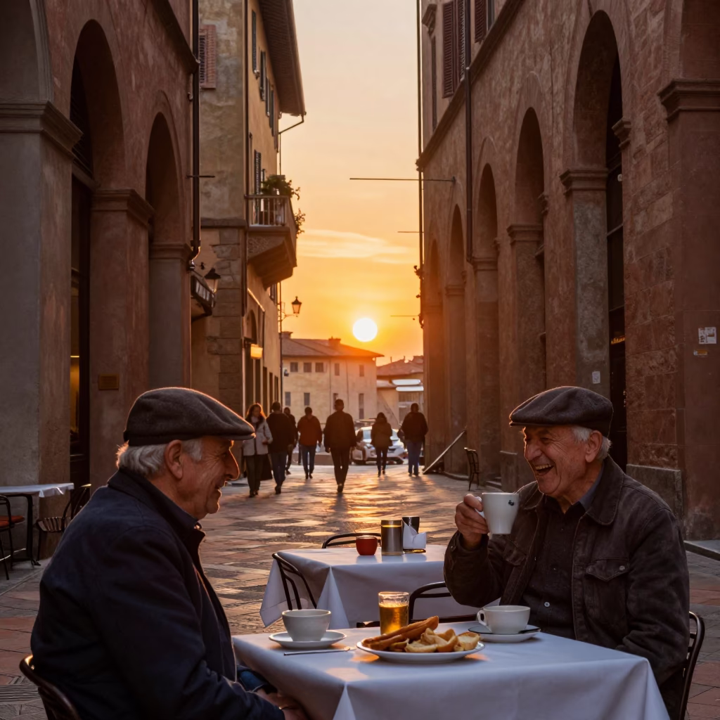Sunset Street Scene in Bologna Italy with Traditional Food and Local Life in in Bologna, Italy