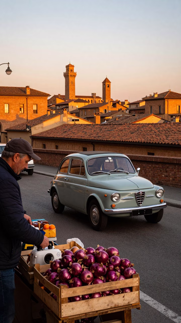 Sunset Street Scene in Bologna Italy with Vintage Car Rally and Onions in in Bologna, Italy