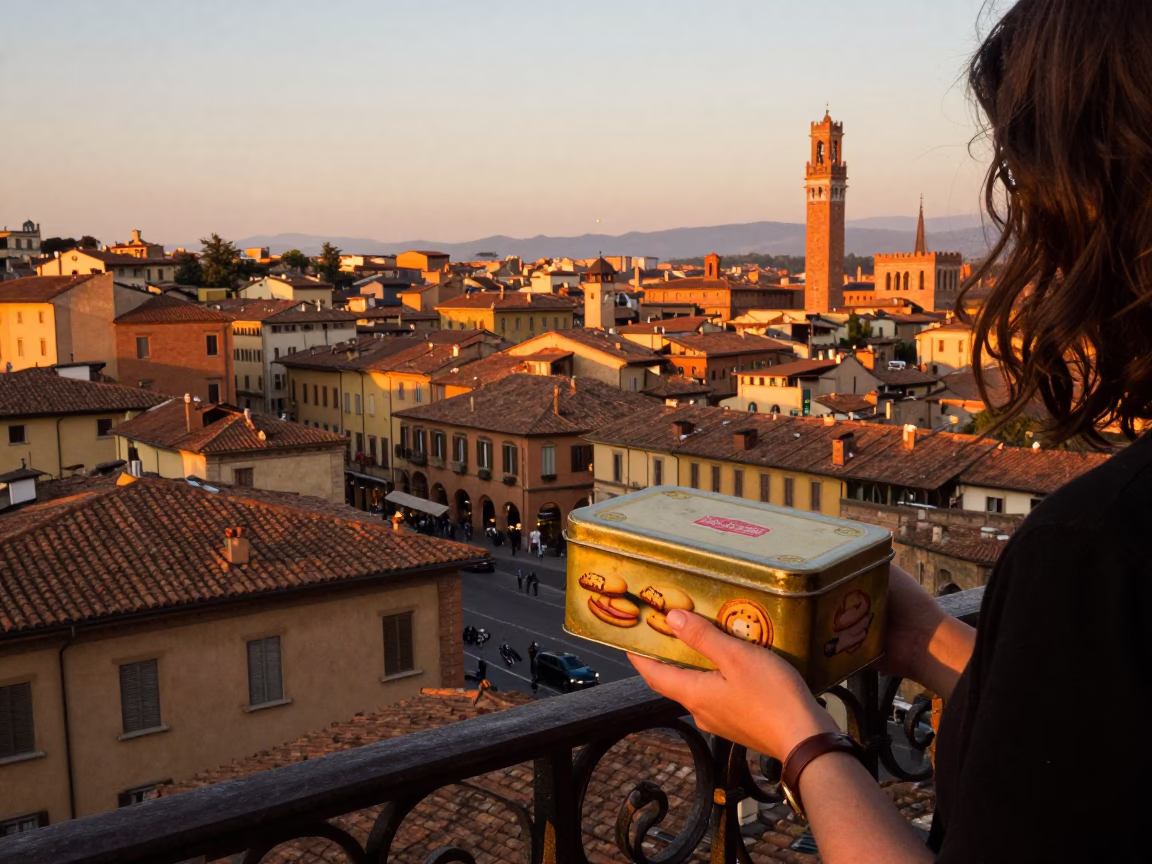 Sunset Street Scene in Bologna Italy with Vintage Cookie Tin and Cushions on Balcony in in Bologna, Italy