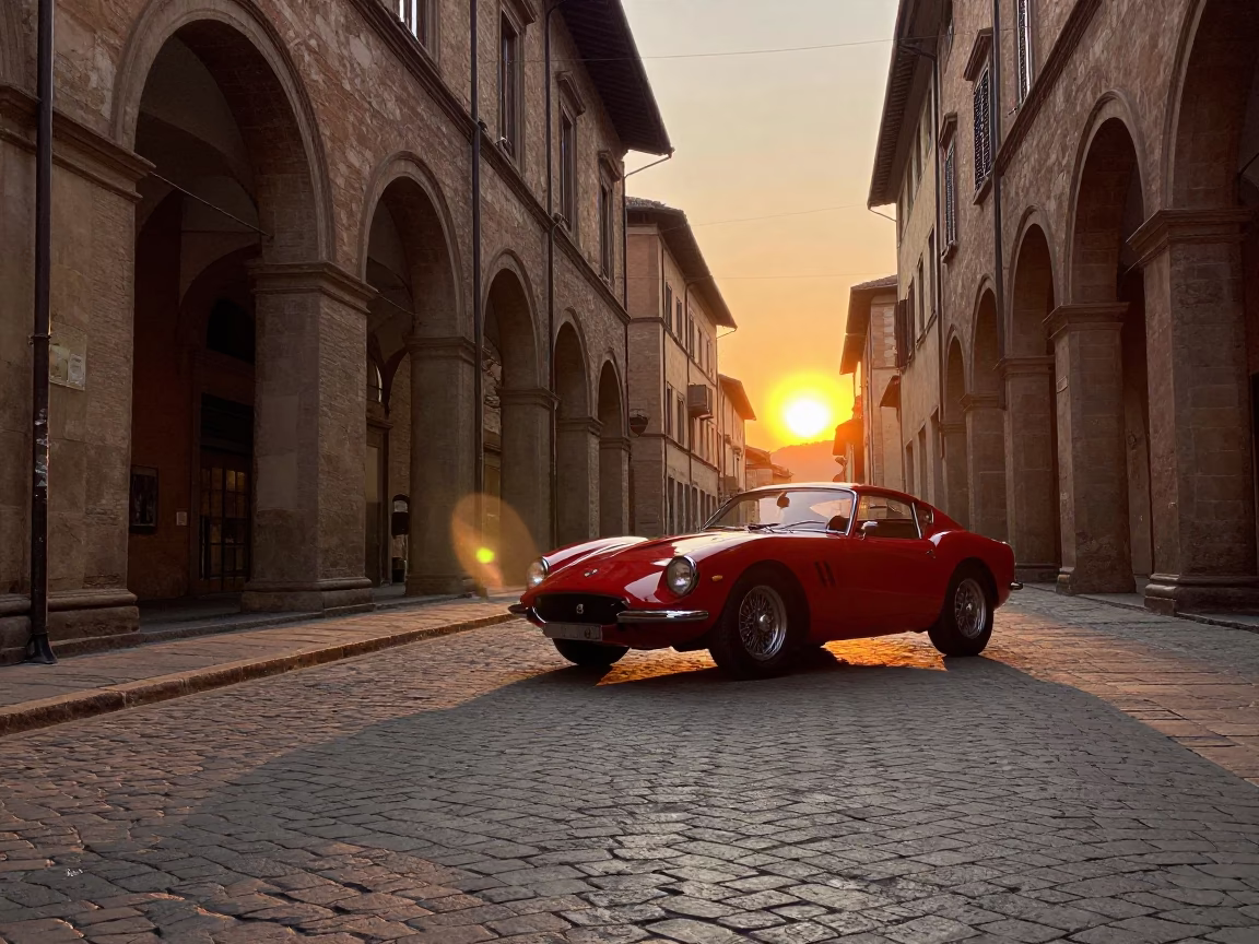 Sunset Street Scene in Bologna Italy with Vintage Red Sports Car and Local Interaction in in Bologna, Italy