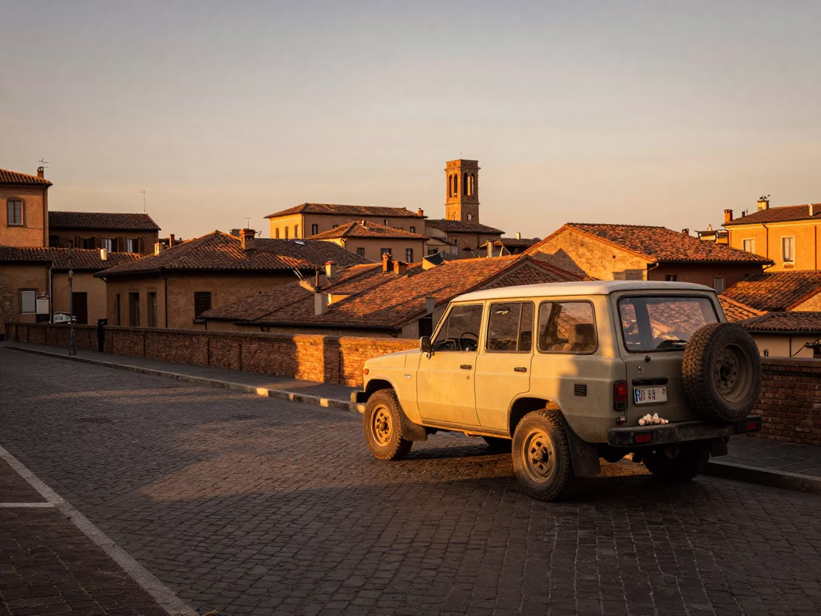 Sunset Street Scene in Bologna Italy with Vintage SUV and Garlic Market Stall in in Bologna, Italy