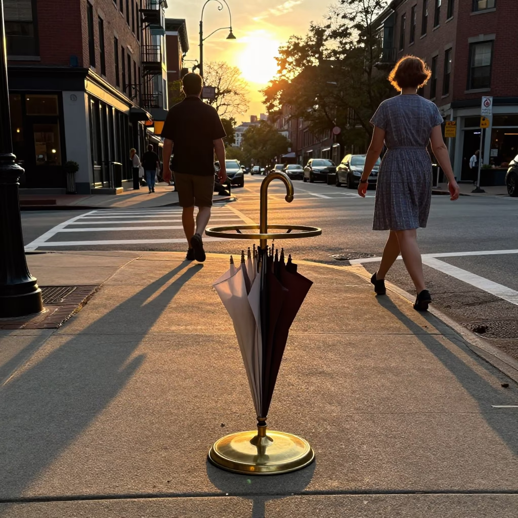 Sunset Street Scene in Boston Massachusetts with Vintage Umbrella Stand and City Life in in Boston, Massachusetts, United States