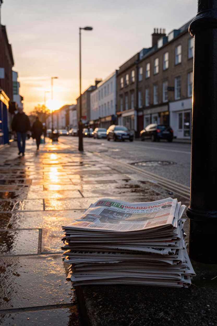 Sunset street scene in Bristol UK with newspaper stack and soap residue in in Bristol, United Kingdom