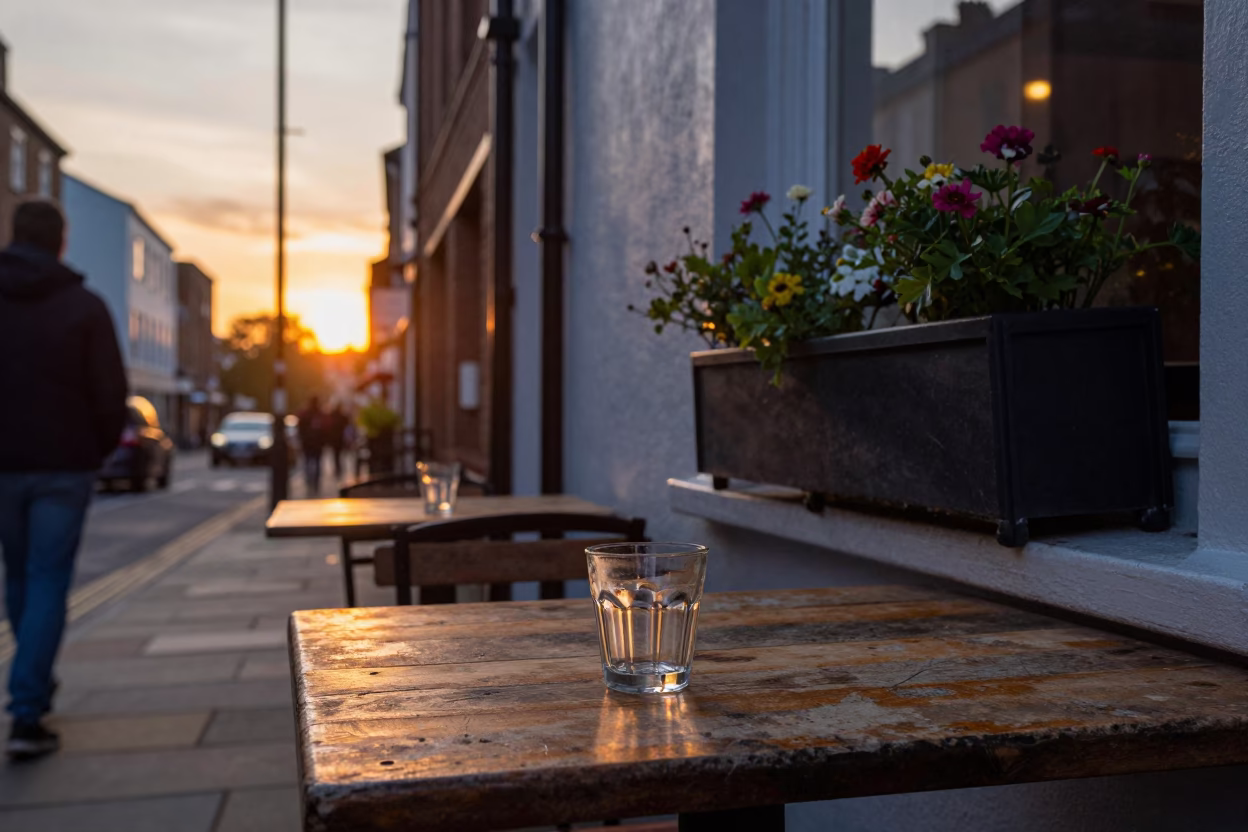 Sunset Street Scene in Bristol UK with Window Box and Glass Tumbler on Table in in Bristol, United Kingdom