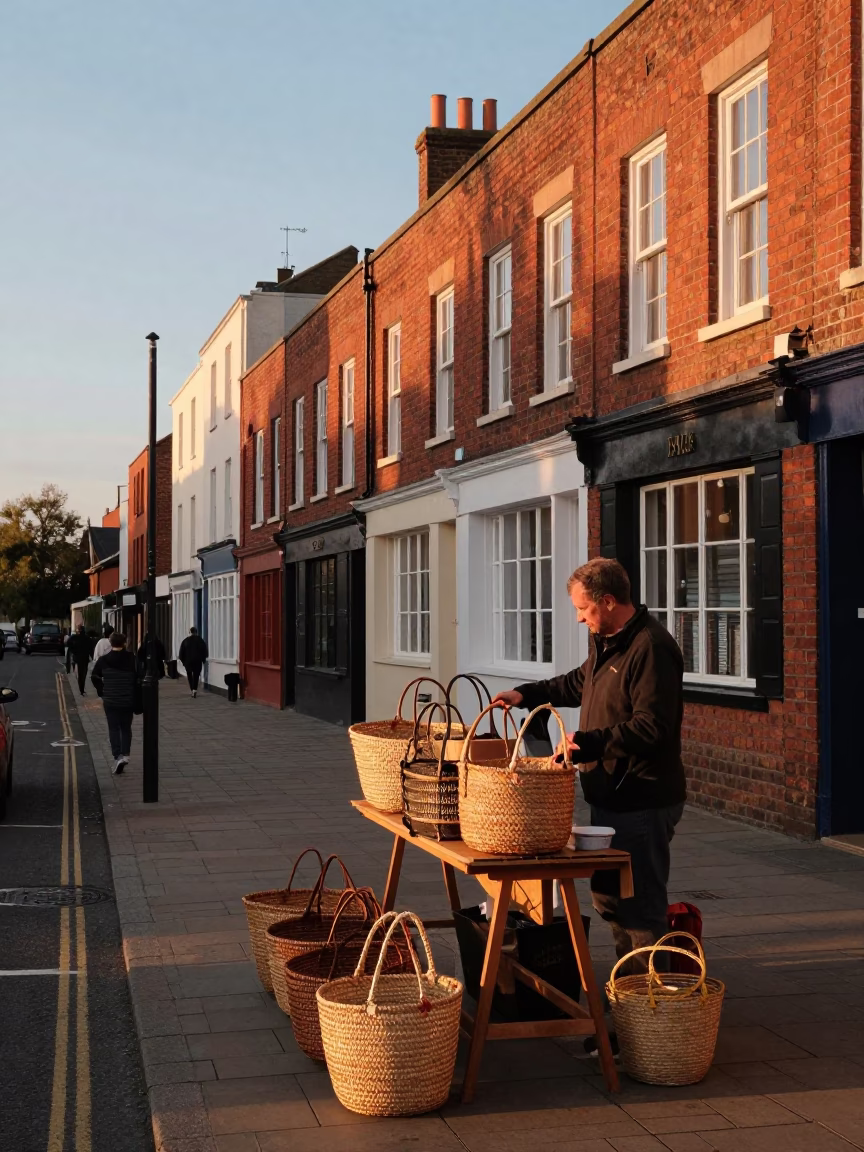 Sunset Street Scene in Bristol UK with Woven Baskets and Urban Life in in Bristol, United Kingdom