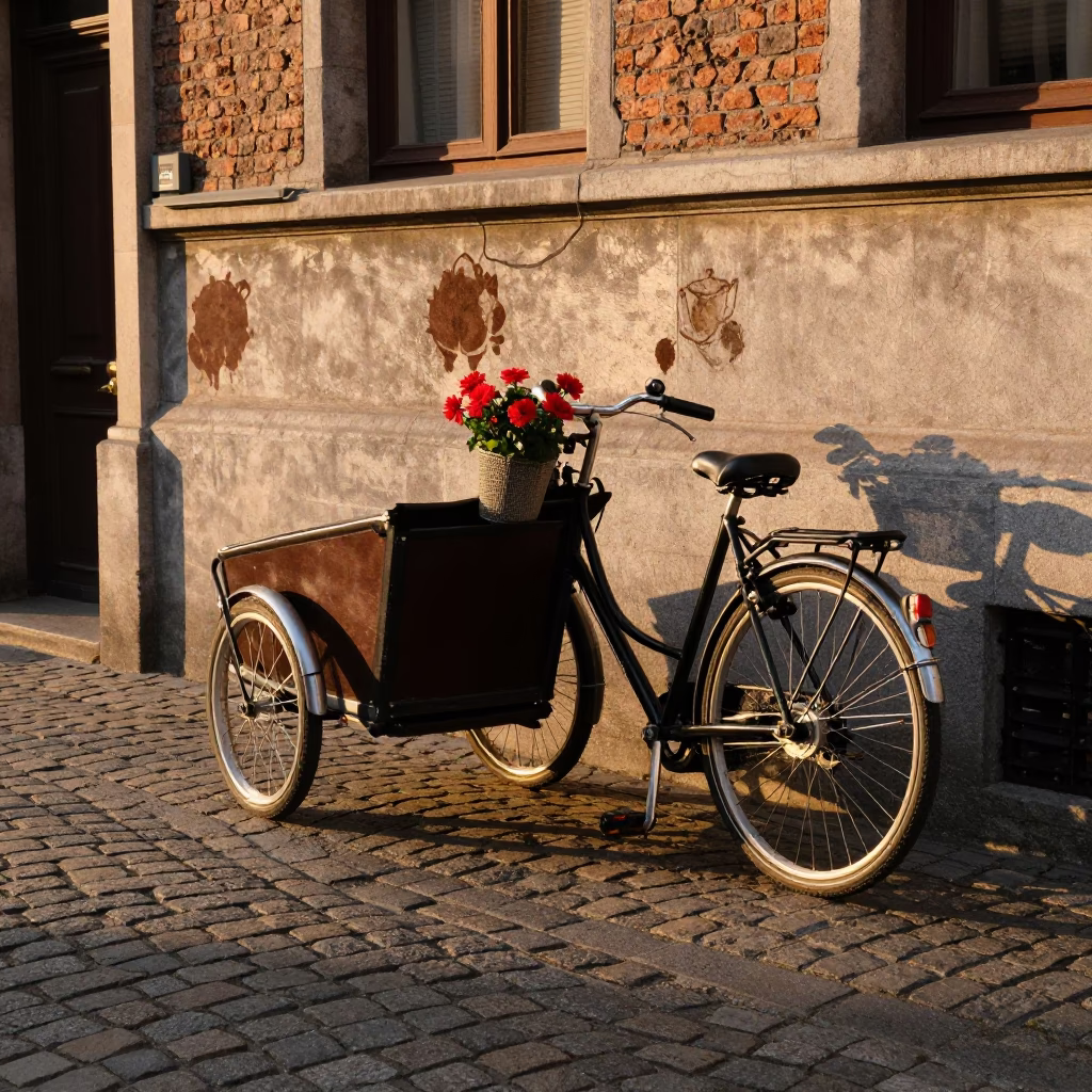 Sunset Street Scene in Brussels Belgium with Bicycle and Tea Stains in in Brussels, Belgium