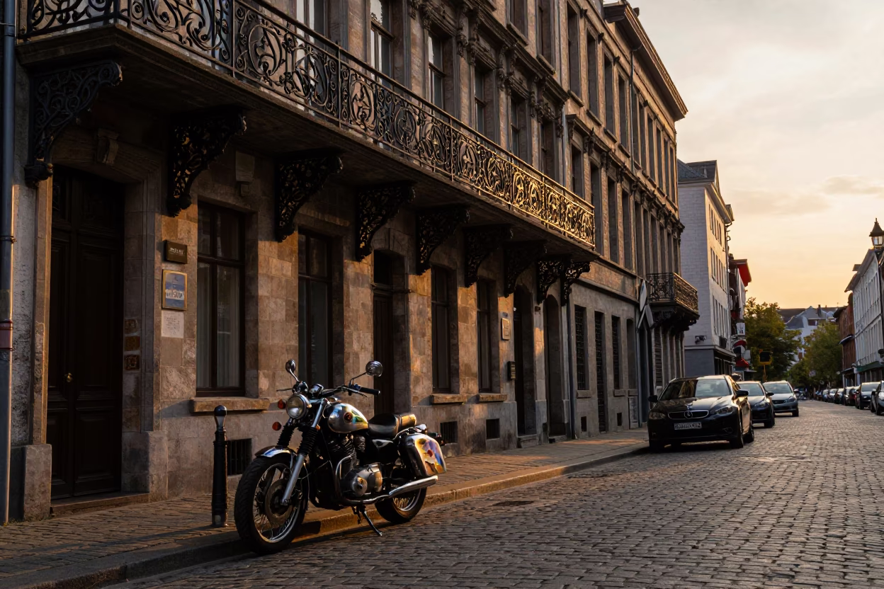 Sunset Street Scene in Brussels Belgium with Motorcycle and Paint Flecks in in Brussels, Belgium