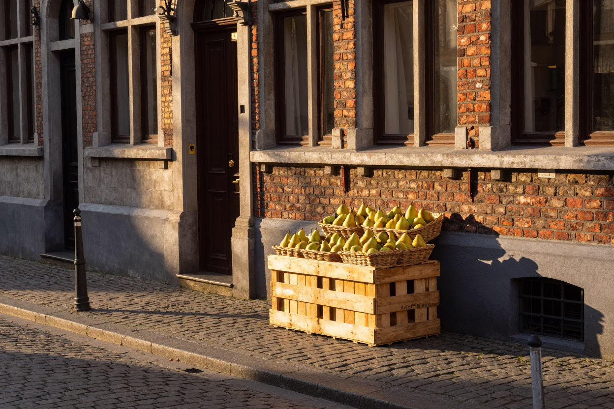 Sunset Street Scene in Brussels Belgium with Pears and Local Market Stall in in Brussels, Belgium