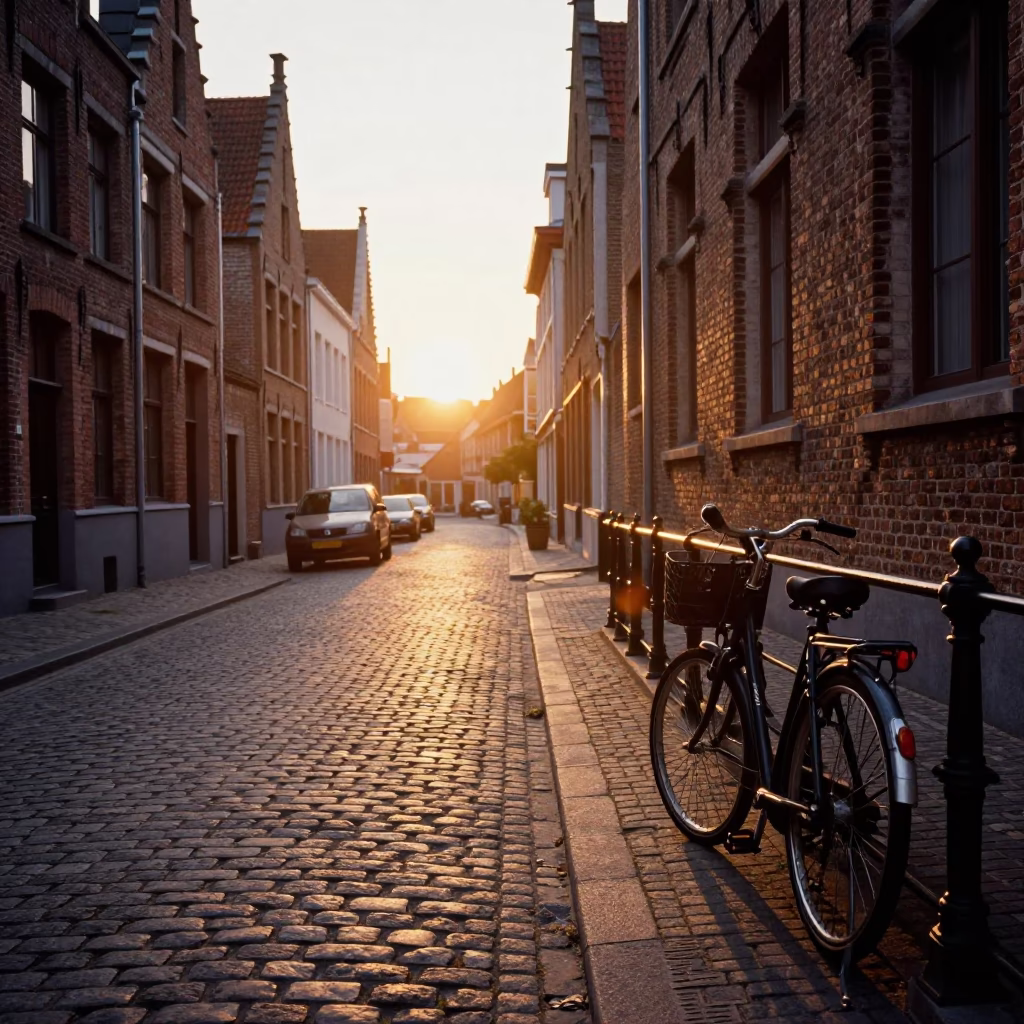 Sunset Street Scene in Brussels Belgium with Vintage Bicycle and Cobblestone Alleyway in in Brussels, Belgium