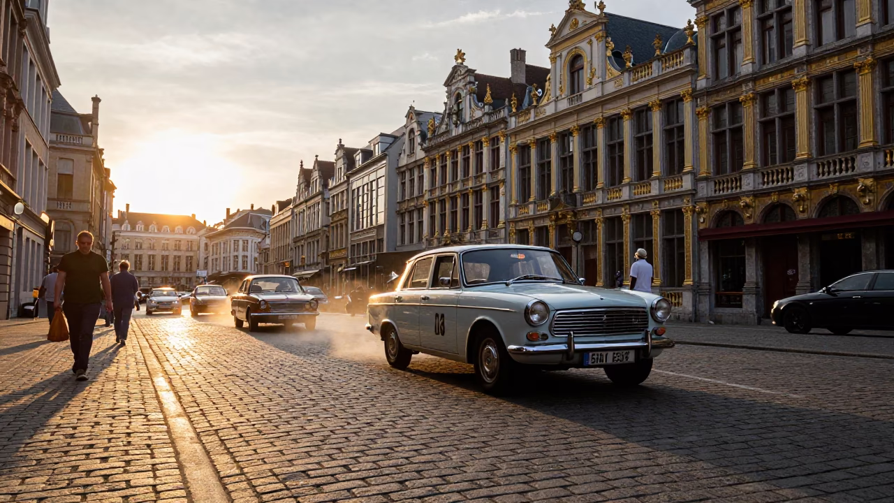 Sunset Street Scene in Brussels Belgium with Vintage Car Rally and Autumn Maple Leaves in in Brussels, Belgium