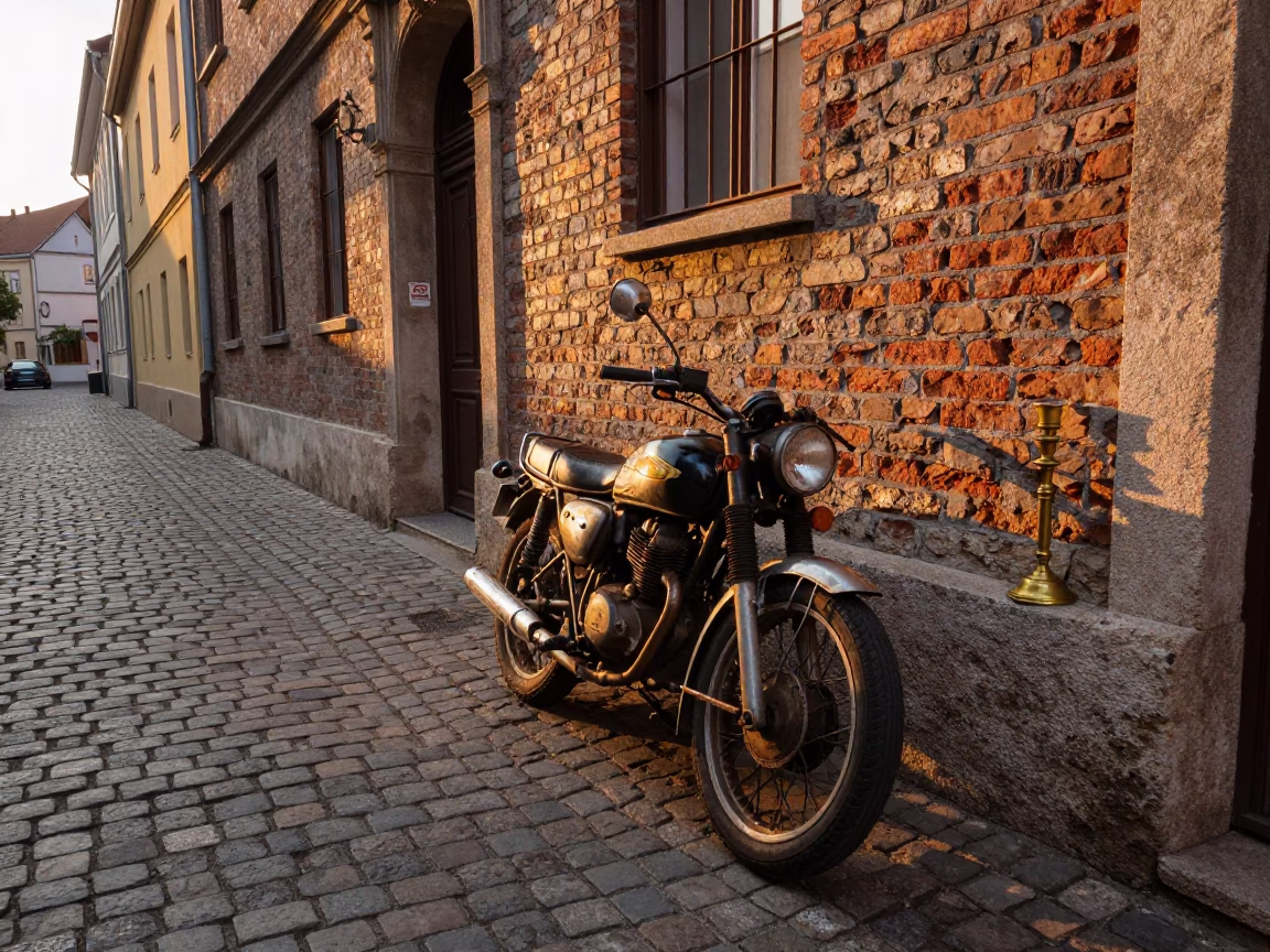 Sunset Street Scene in Budapest Hungary with Candlestick and Motorcycle in in Budapest, Hungary