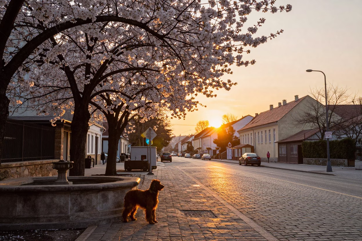 Sunset Street Scene in Budapest Hungary with Cherry Blossoms and Local Life in in Budapest, Hungary