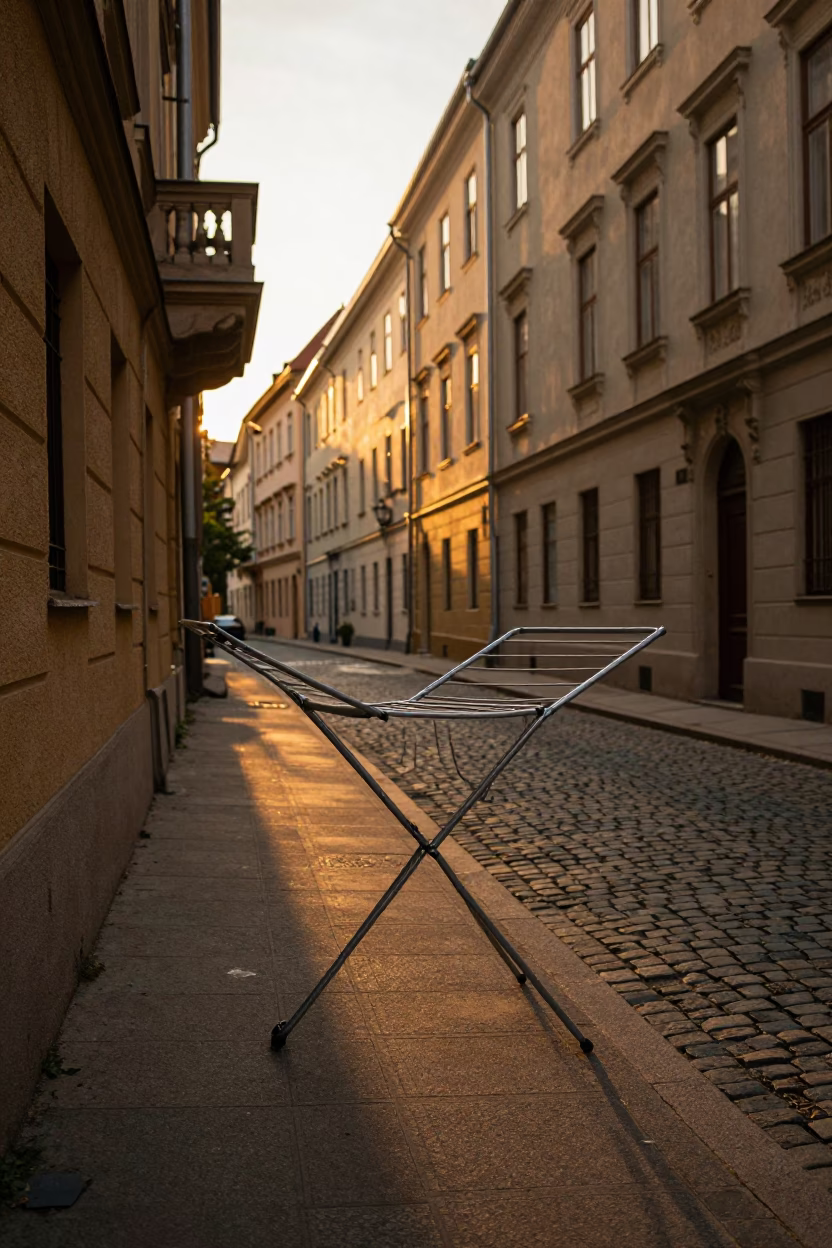 Sunset Street Scene in Budapest Hungary with Drying Rack and Urban Life in in Budapest, Hungary