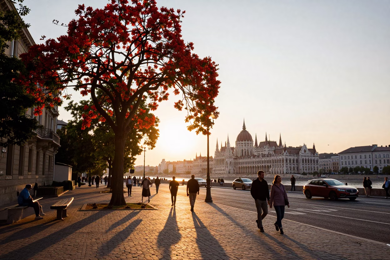 Sunset Street Scene in Budapest Hungary with Flame Tree Bloom and Local Life in in Budapest, Hungary