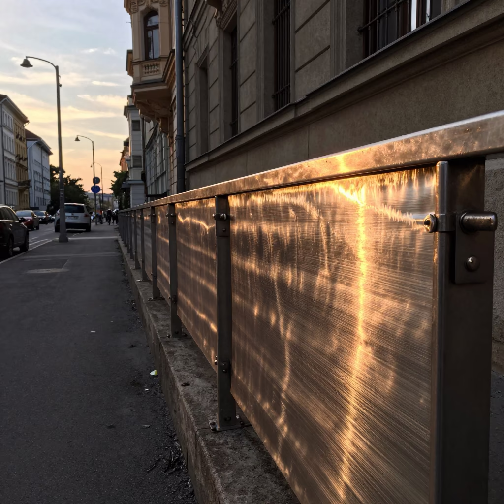Sunset Street Scene in Budapest Hungary with Hammered Metal and Brushed Steel Rail in in Budapest, Hungary