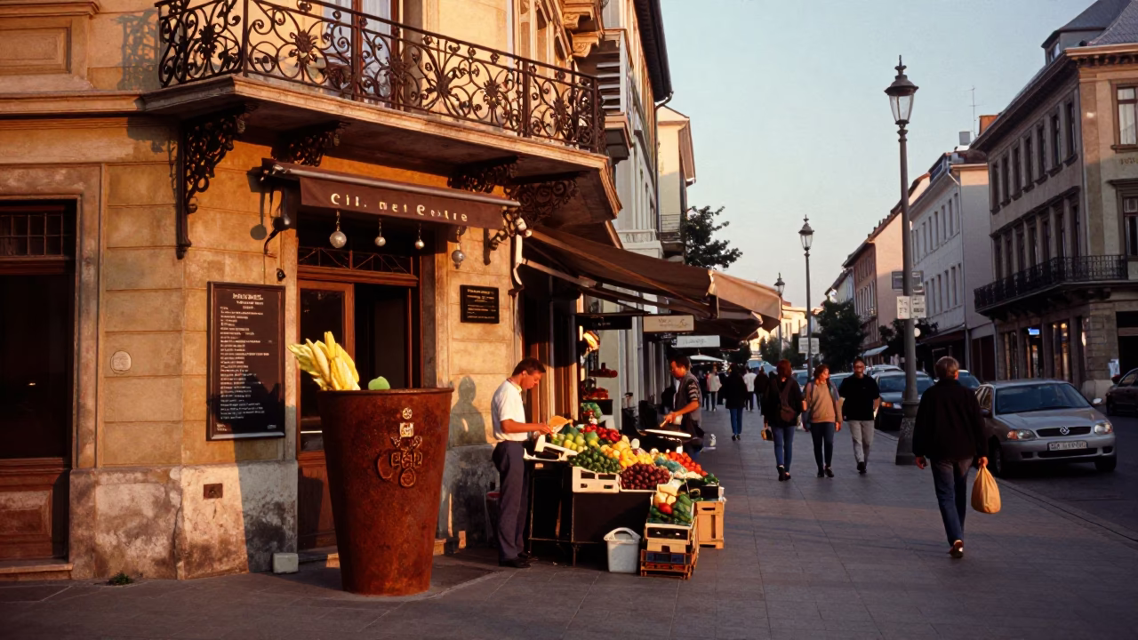 Sunset Street Scene in Budapest Hungary with Rusty Cup and Lemongrass Vendor in in Budapest, Hungary