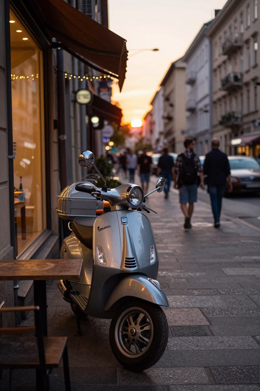 Sunset Street Scene in Budapest Hungary with String Lights and Vespa Reflection in in Budapest, Hungary
