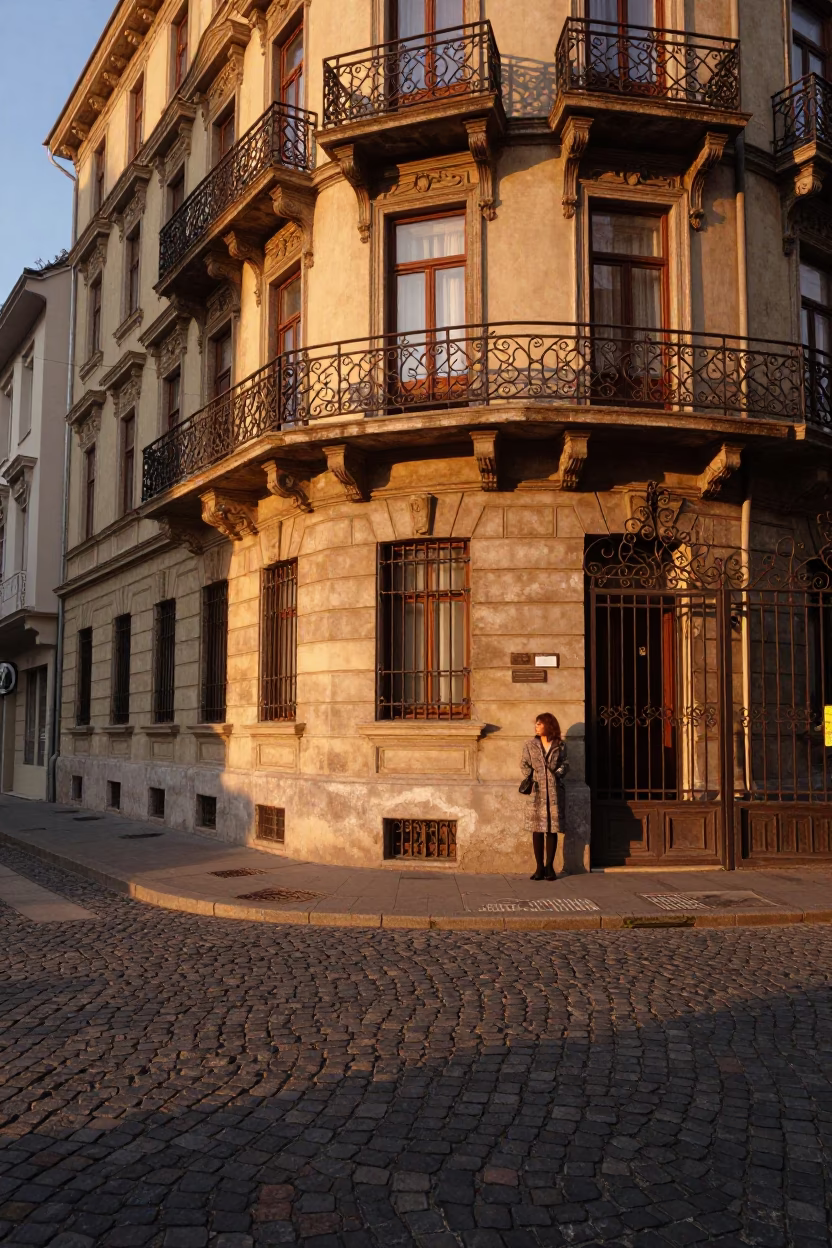 Sunset Street Scene in Budapest Hungary with Vintage Details and Local Life in in Budapest, Hungary