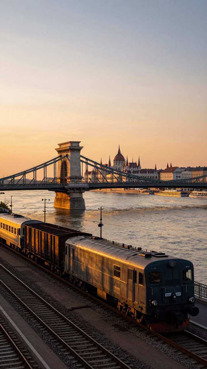 Sunset Street Scene in Budapest Hungary with Vintage Train and Urban Details in in Budapest, Hungary