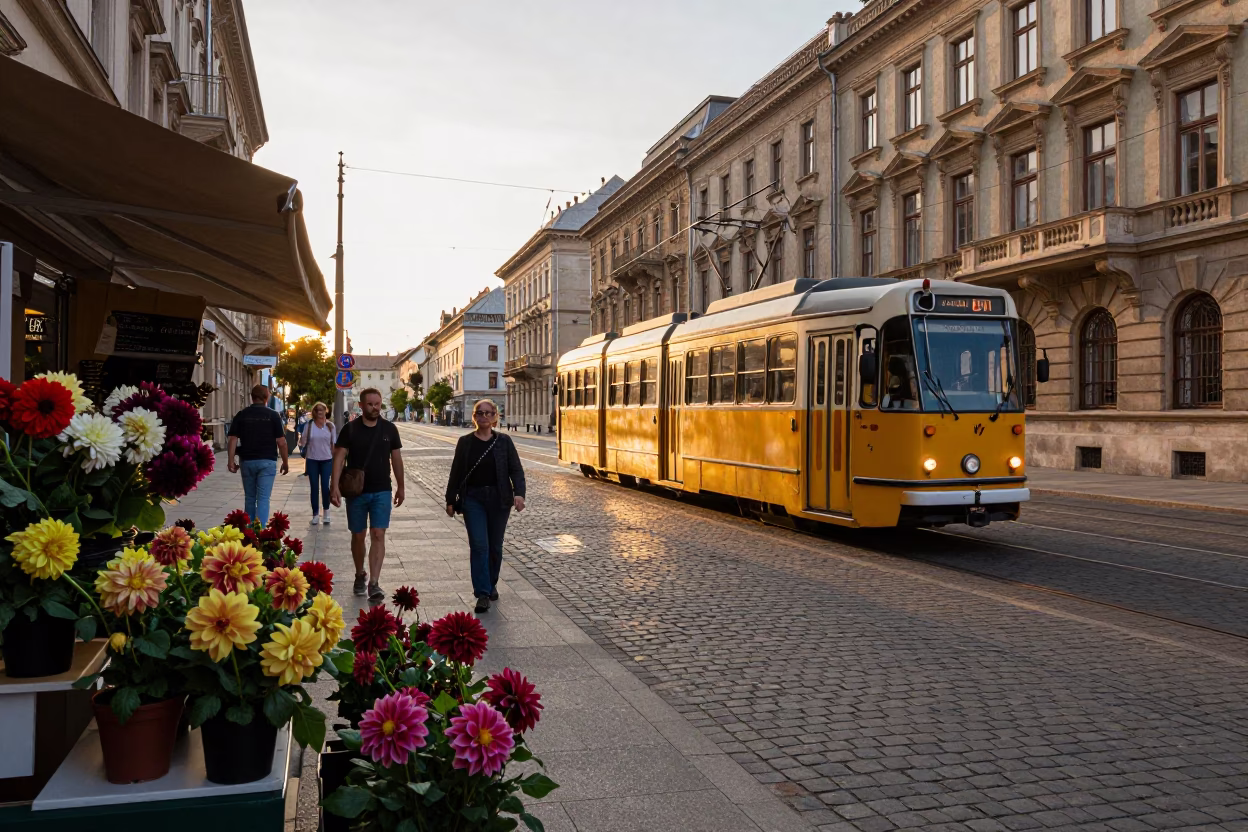 Sunset Street Scene in Budapest Hungary with Yellow Tram and Pedestrians in in Budapest, Hungary