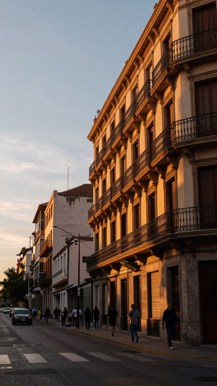 Sunset Street Scene in Buenos Aires Argentina with Balcony and Street Life in in Buenos Aires, Argentina