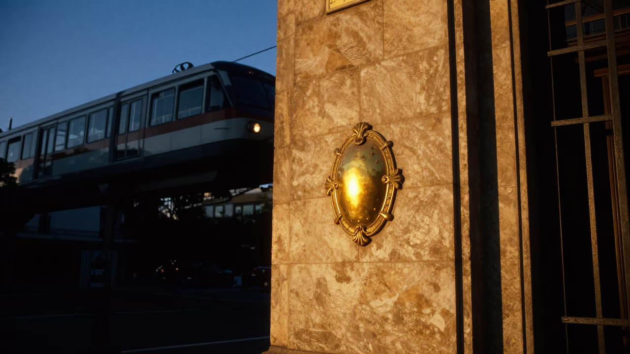 Sunset Street Scene in Buenos Aires Argentina with Brass Escutcheon and Monorail in in Buenos Aires, Argentina