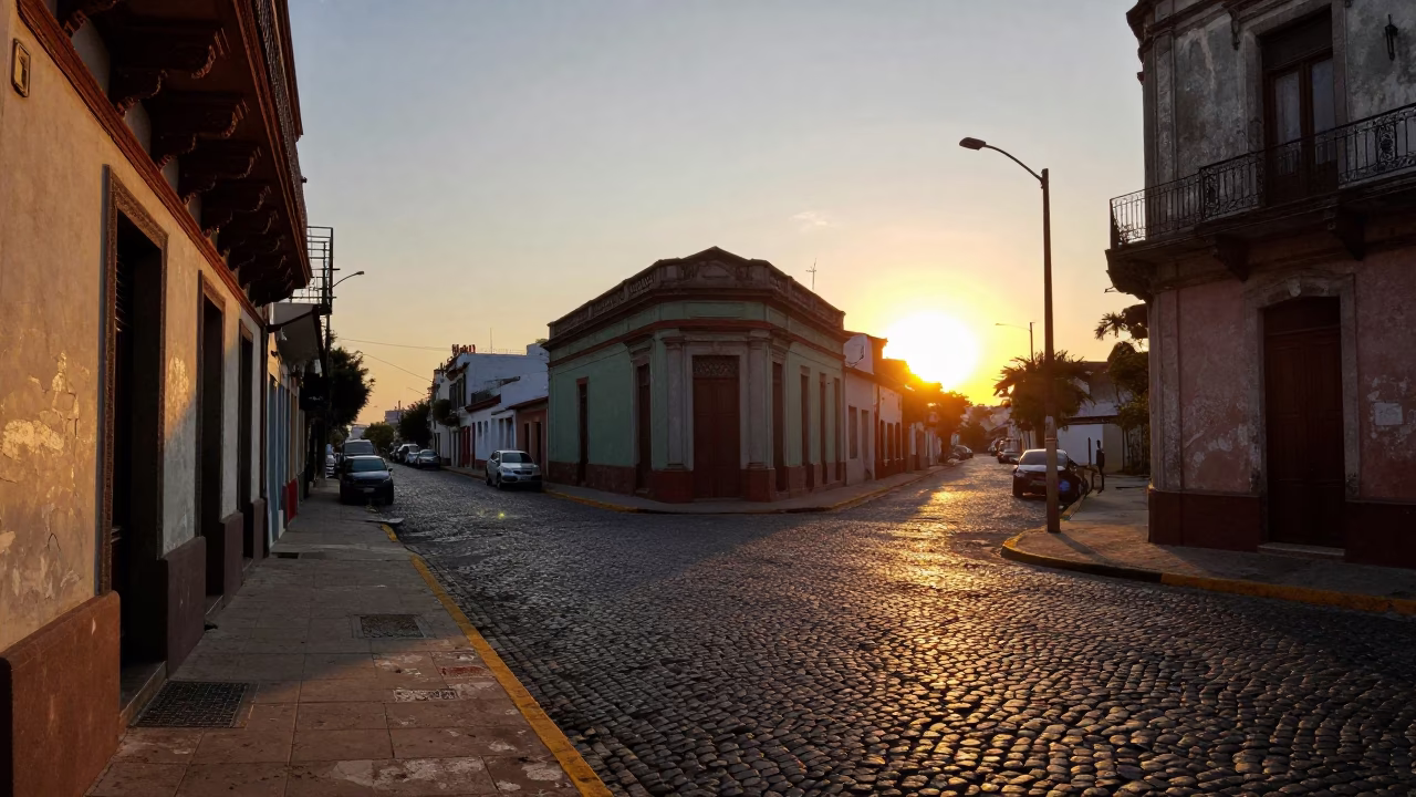 Sunset street scene in Buenos Aires Argentina with cobblestones and vintage architecture in in Buenos Aires, Argentina