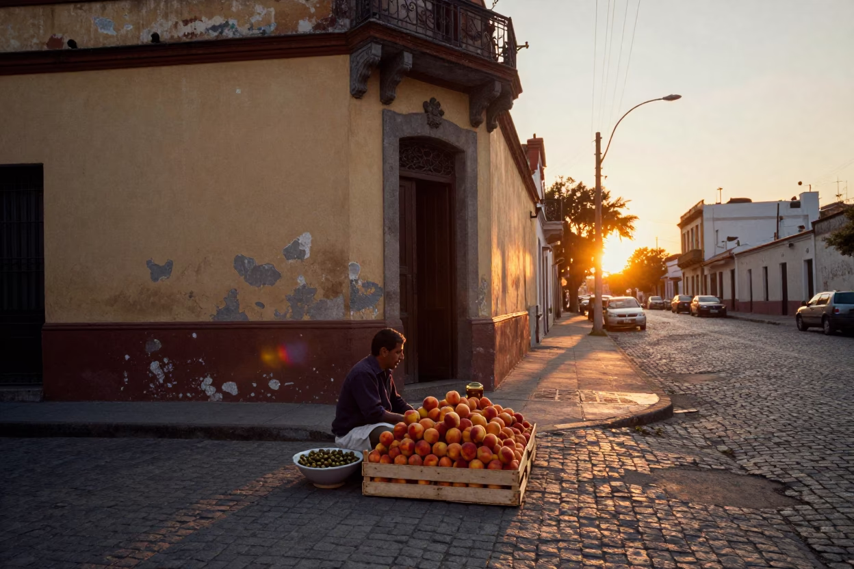 Sunset Street Scene in Buenos Aires Argentina with Nectarines and Olive Dish in in Buenos Aires, Argentina