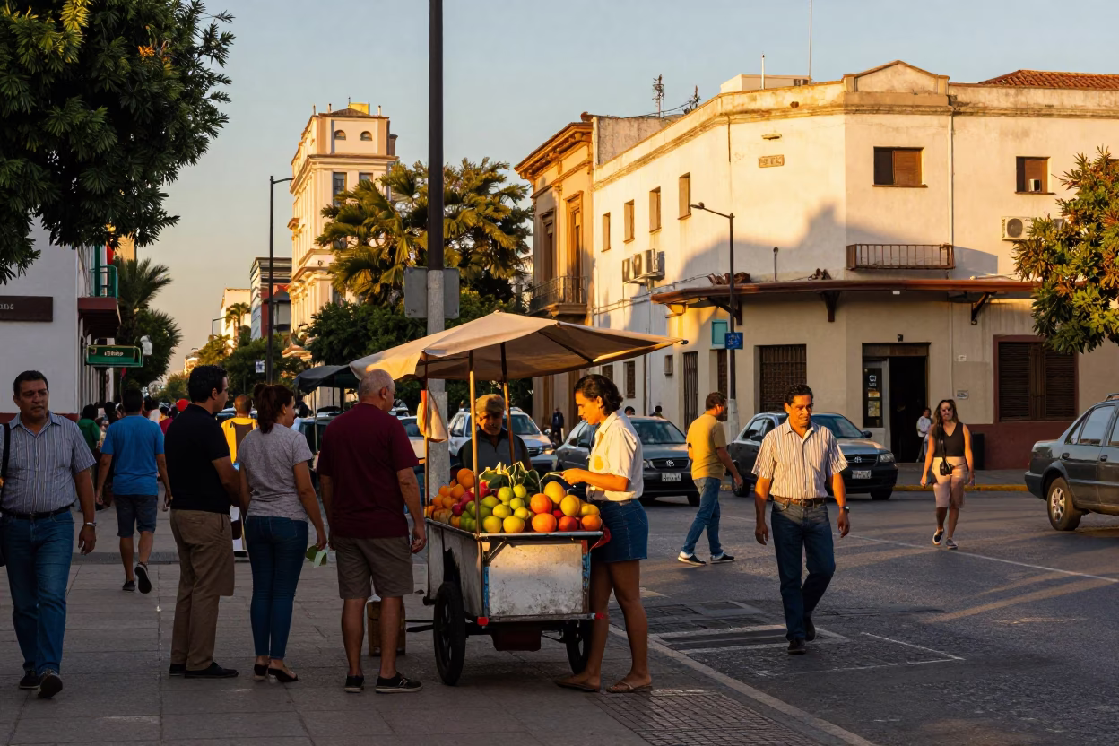 Sunset Street Scene in Buenos Aires Argentina with Rolling Vendor Carts and Urban Life in in Buenos Aires, Argentina