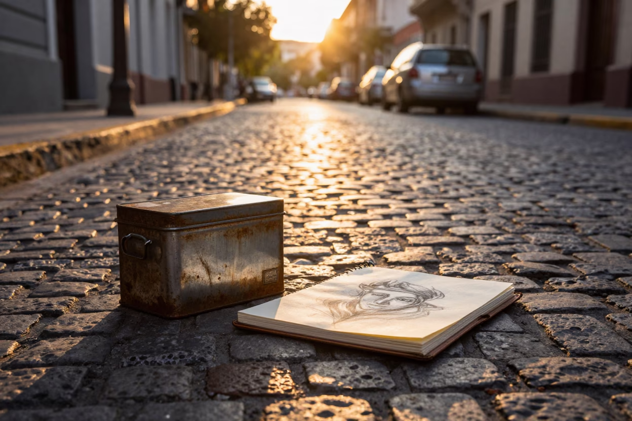 Sunset Street Scene in Buenos Aires Argentina with Storage Tin and Sketchbook in in Buenos Aires, Argentina