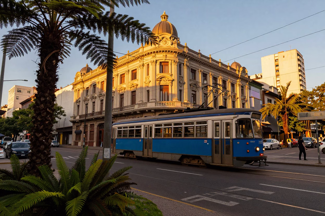 Sunset Street Scene in Buenos Aires Argentina with Tram and Ferns in in Buenos Aires, Argentina
