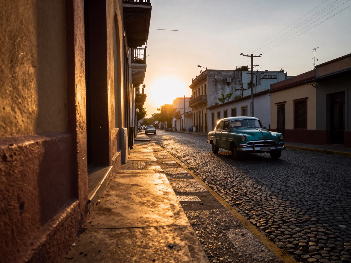 Sunset Street Scene in Buenos Aires Argentina with Vintage Car and Cobblestone Architecture in in Buenos Aires, Argentina