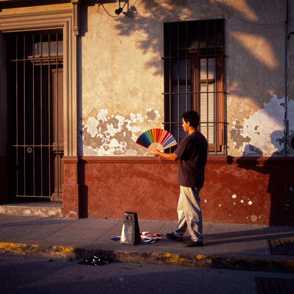 Sunset Street Scene in Buenos Aires with Brushed Steel Rail and Muralist Color Swatches in in Buenos Aires, Argentina