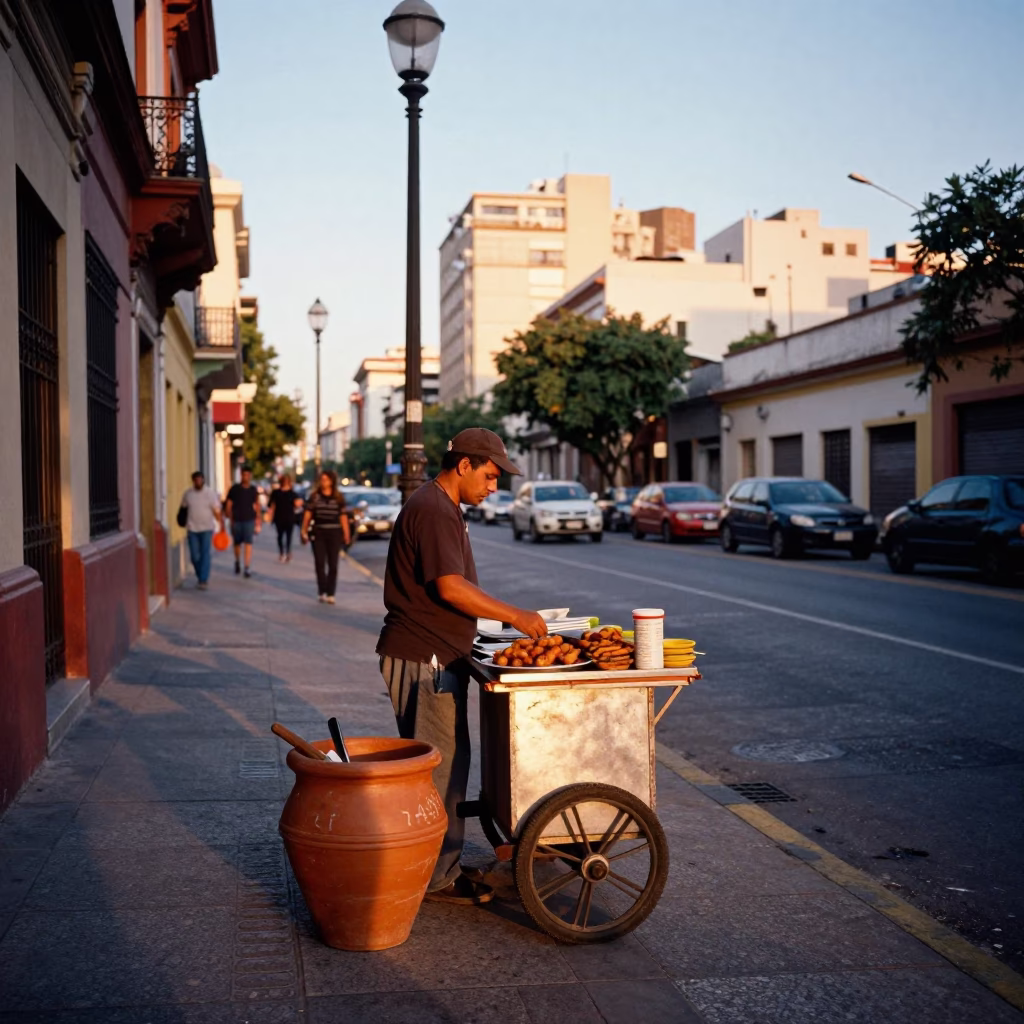 Sunset Street Scene in Buenos Aires with Terracotta Pot and Schnitzel Plate in in Buenos Aires, Argentina